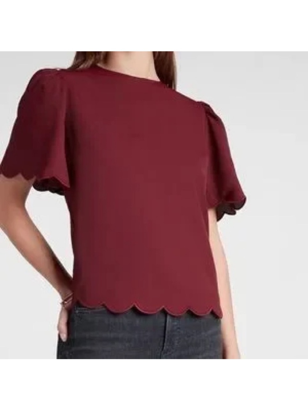 Express Burgundy Scallop-Hem Puff Sleeve Blouse
